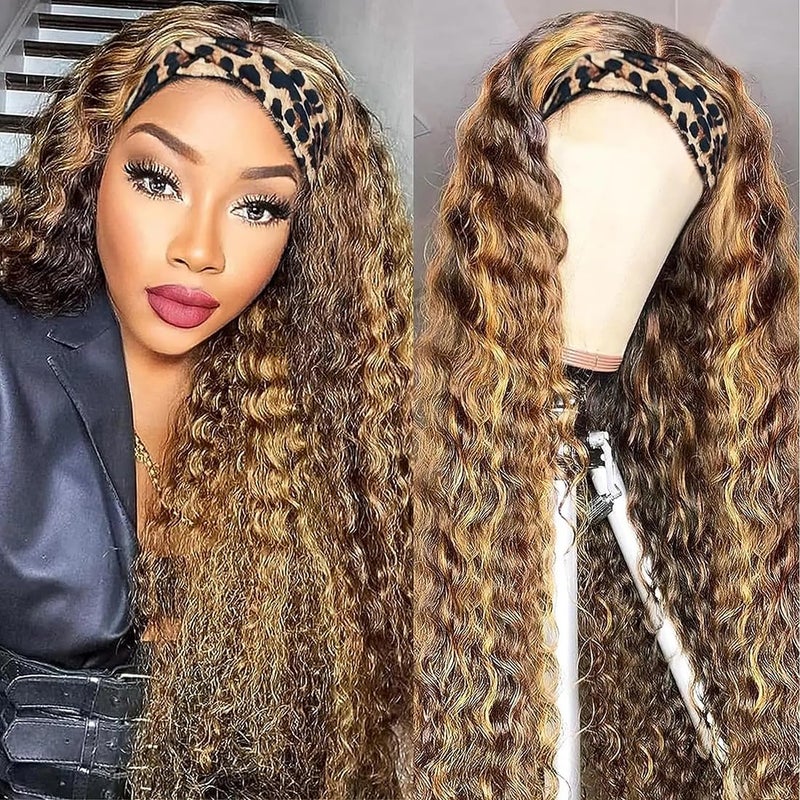 XSY Headband Wig Human Hair Ombre Highlight Curly Human Hair Wigs for Black Women No Lace Front Wig 150 Density 427 Highglight Wig 26 Inch